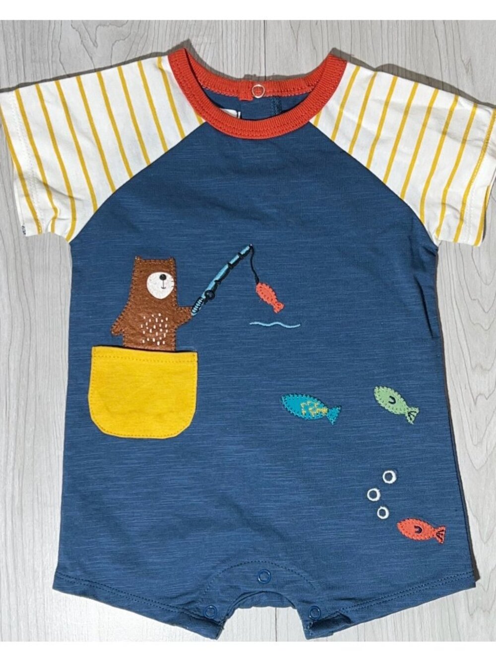 Mud Pie 3-6m NWOT Blue romper Bear fishing cabin camping camp mountain lake